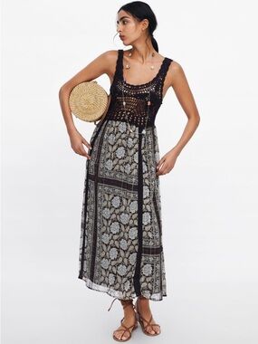 Zara Crochet Halter Midi Dress Brown Metallic‎ Print XS